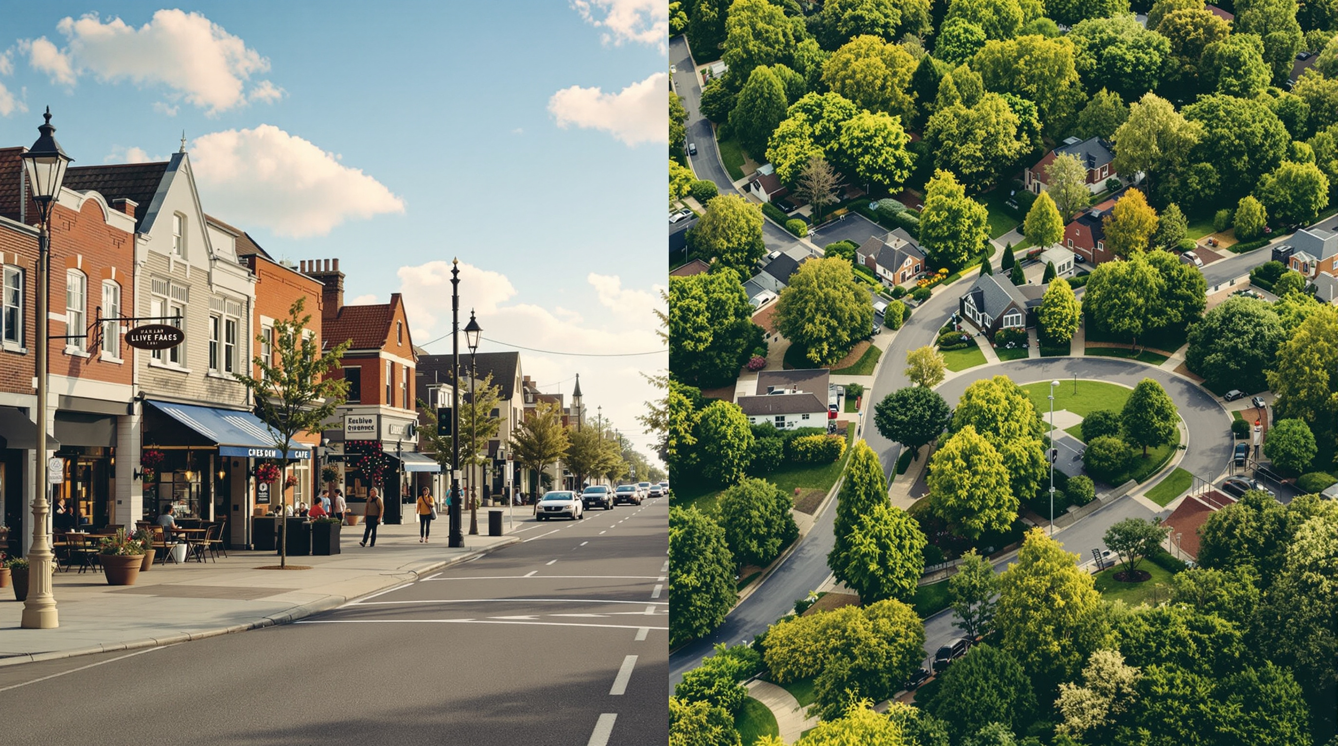 Walkable main street compared with a spacious suburban cul-de-sac