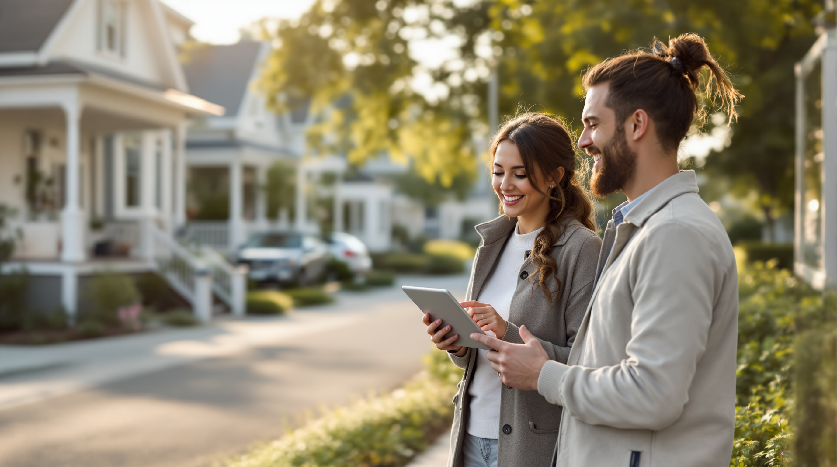 Homebuyers evaluating a neighborhood street